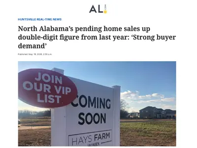 North Alabama home sales and prices continued to rise in April, with Huntsville and Decatur posting year-over-year gains and pending sales signaling steady buyer demand. Growing inventory, resilient home values, and strong local job growth are helping cre